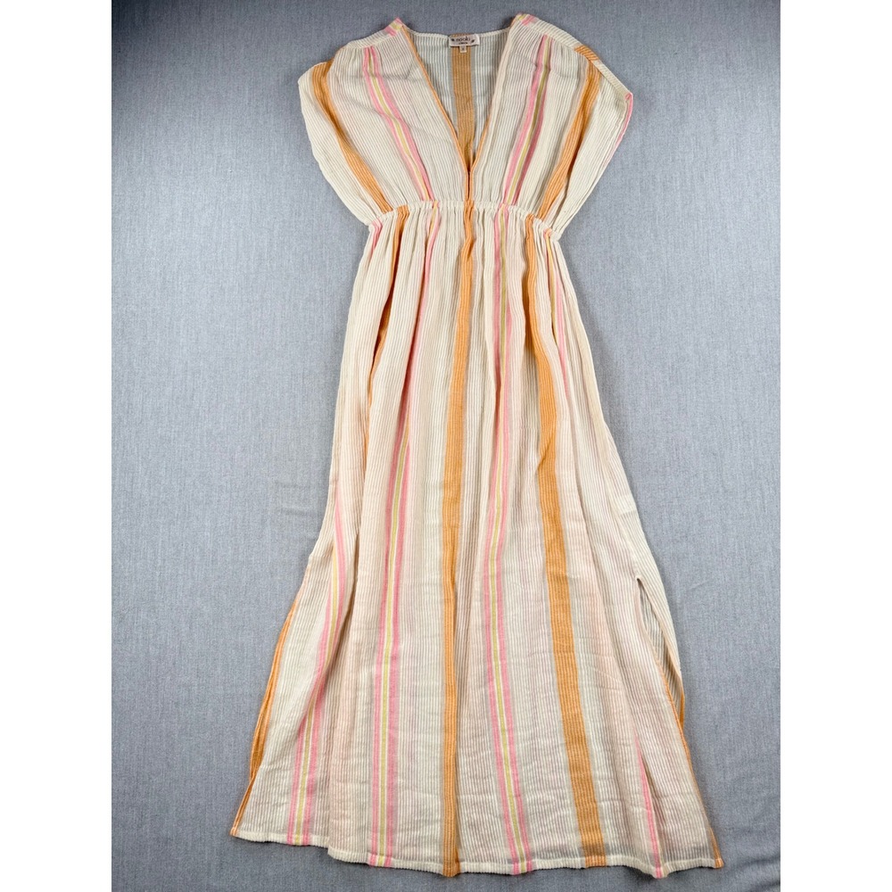 Nooki London Striped Cotton Blend V-Neck Maxi Dress Orange Pink Cream Medium - Picture 2 of 8